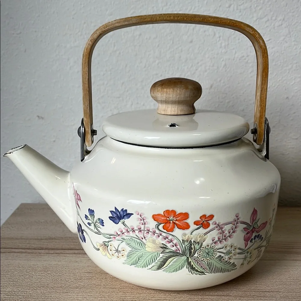 Floral Ceramic Teapot with Wooden Handle - Picture 1 of 13